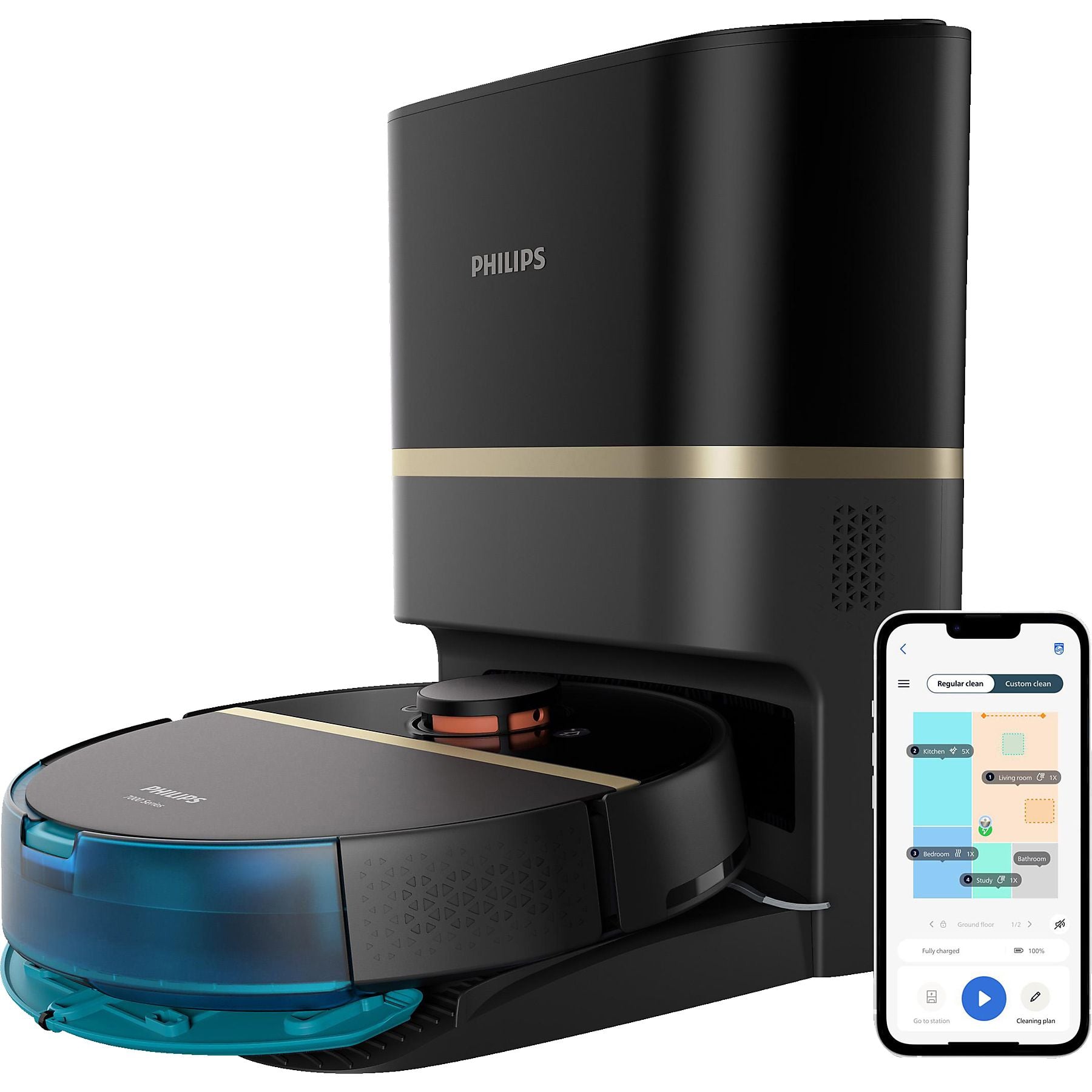 PHILIPS XU7100/01 HomeRun 7000 Series Aqua mit Entleerungsstation, mit Wischfunktion und App, Hindernissenerkennung, Saugroboter PHILIPS