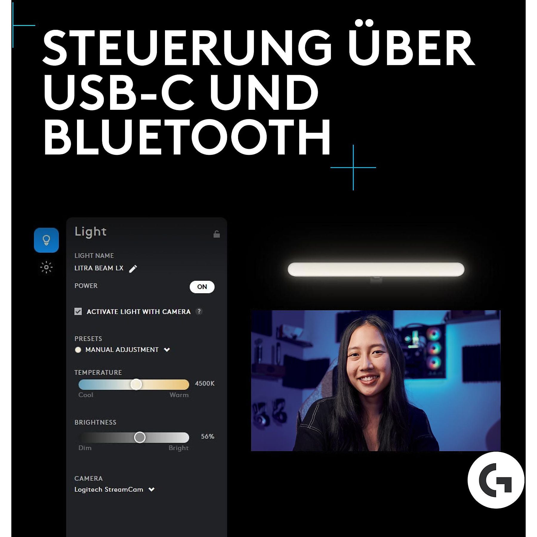 LOGITECH Litra Beam LX, Doppelseitiges RGB Streaming-Licht, Schwarz LOGITECH
