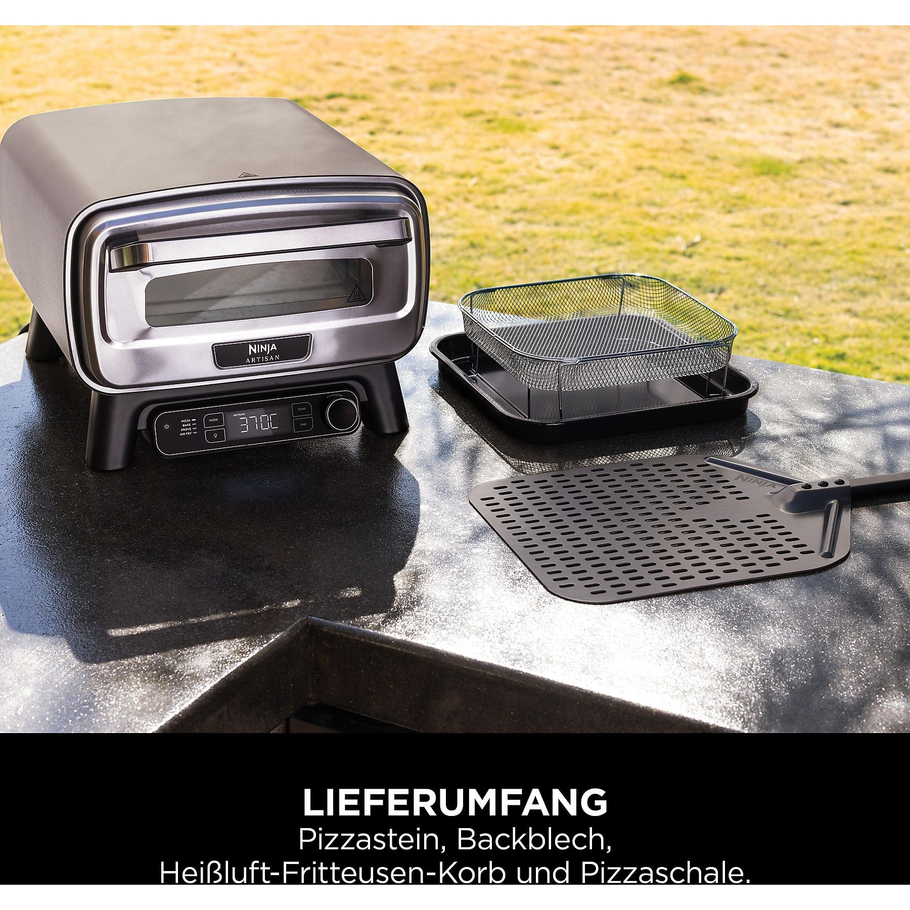 NINJA MO201EU Artisan Outdoor-Elektro-Pizzaofen und Heißluftfritteuse Minibackofen, Grau (1760 Watt) NINJA