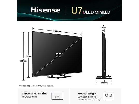 HISENSE ULED 55U7Q Mini LED TV (Flat, 55 Zoll / 139 cm, UHD 4K, SMART TV) HISENSE