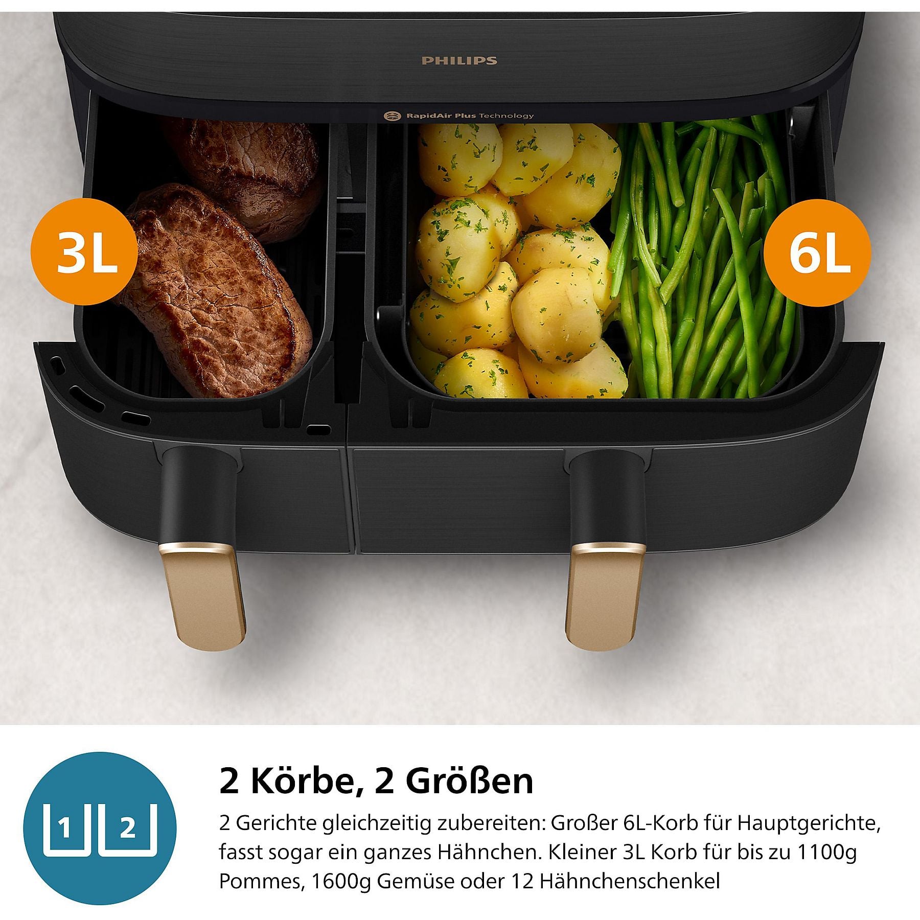 PHILIPS NA552/00 Steam Airfryer 5000 Series Dual Basket 9L Kapazität (3L+6L) Dampfgarer & Heißluftfritteuse PHILIPS