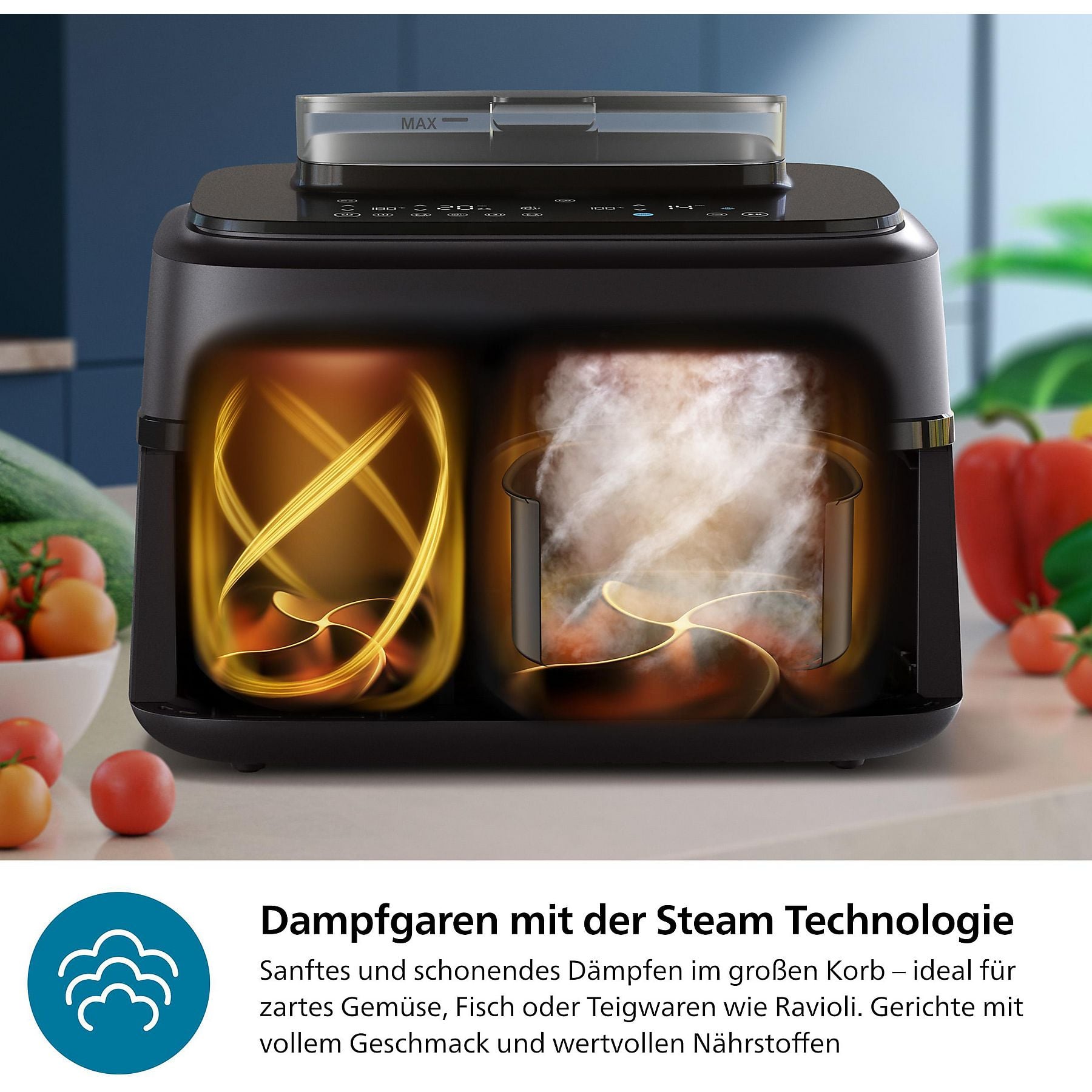 PHILIPS NA552/00 Steam Airfryer 5000 Series Dual Basket 9L Kapazität (3L+6L) Dampfgarer & Heißluftfritteuse PHILIPS