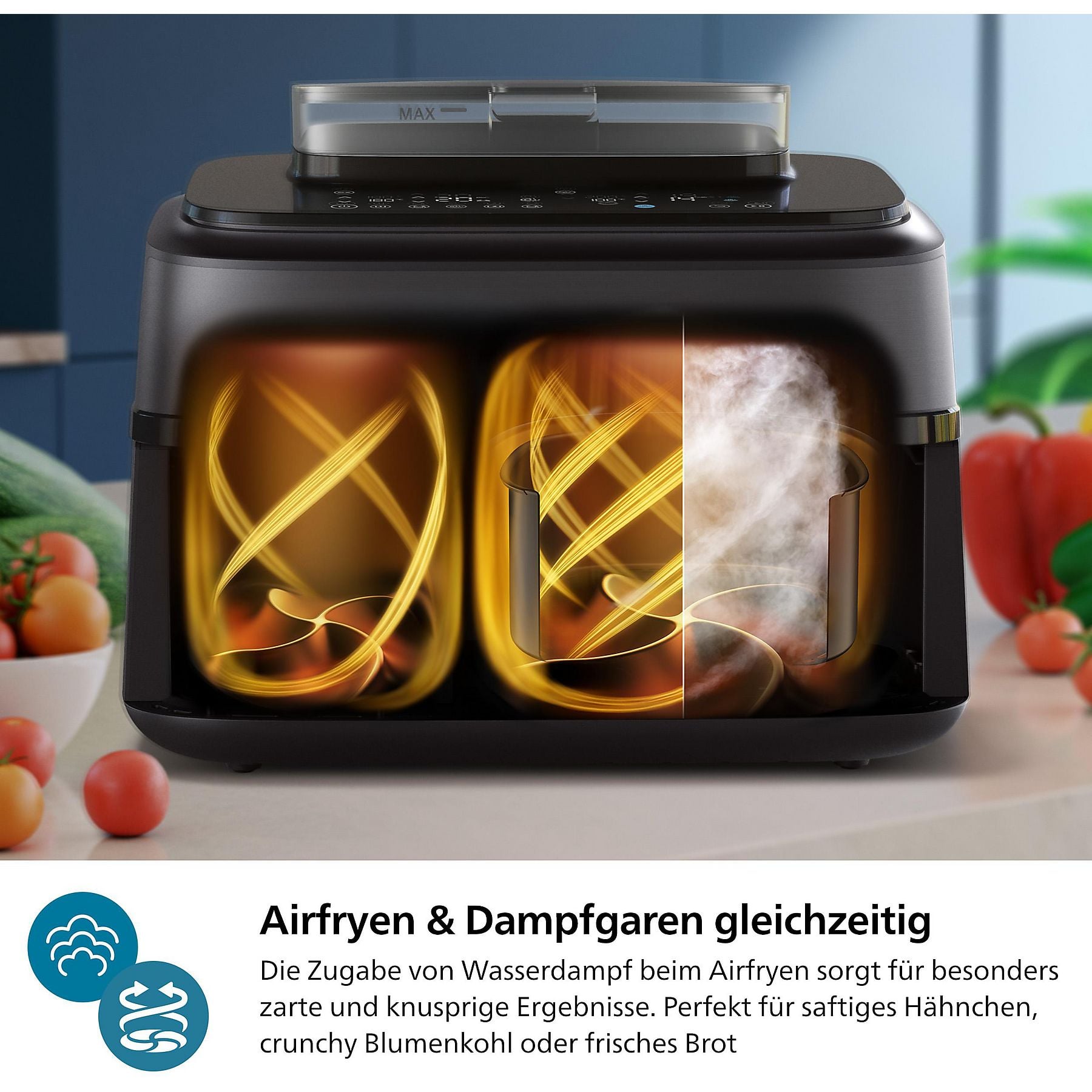 PHILIPS NA552/00 Steam Airfryer 5000 Series Dual Basket 9L Kapazität (3L+6L) Dampfgarer & Heißluftfritteuse PHILIPS