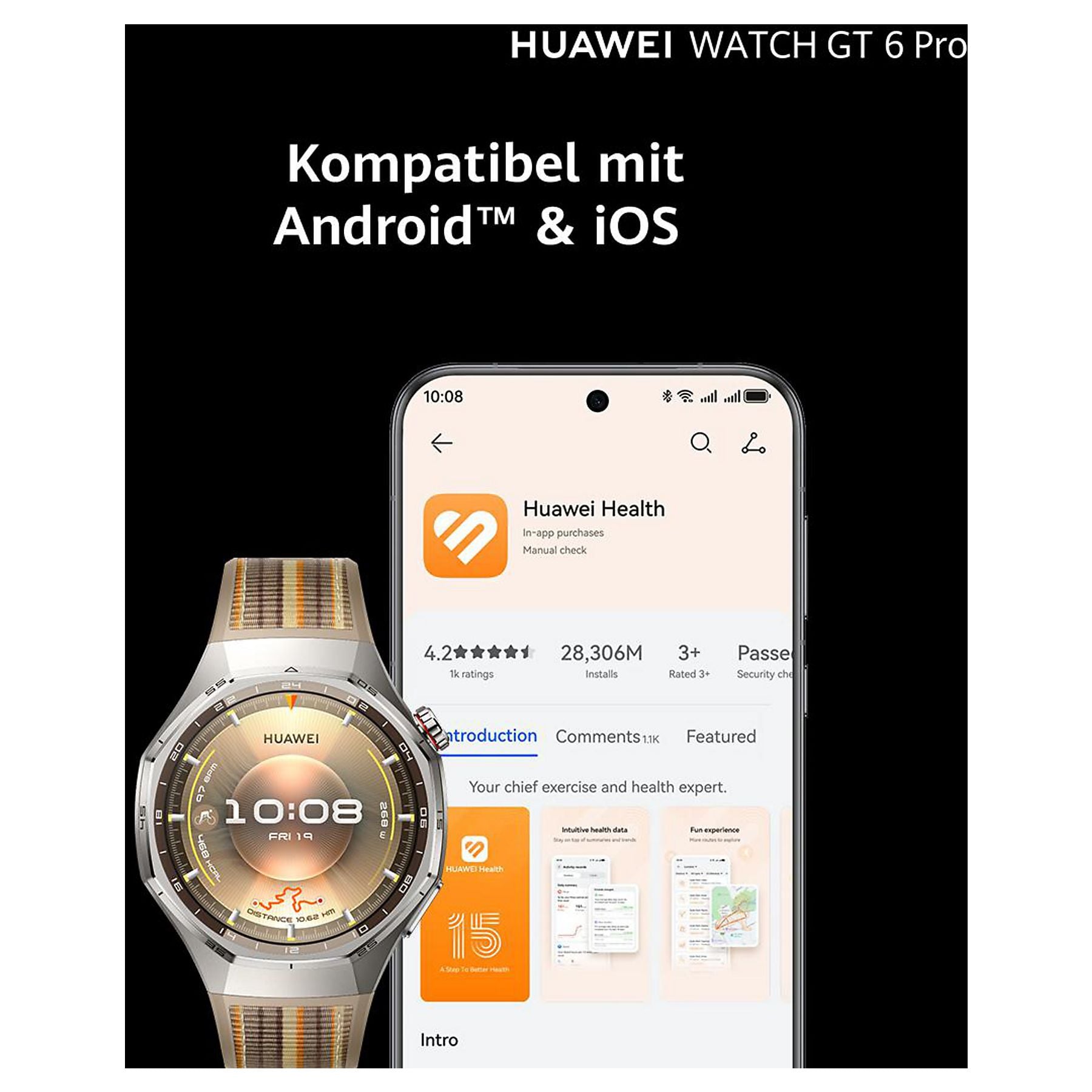 HUAWEI Watch GT6 Pro Smartwatch Fluorelastomerarmband, 140-210 mm, Schwarz HUAWEI