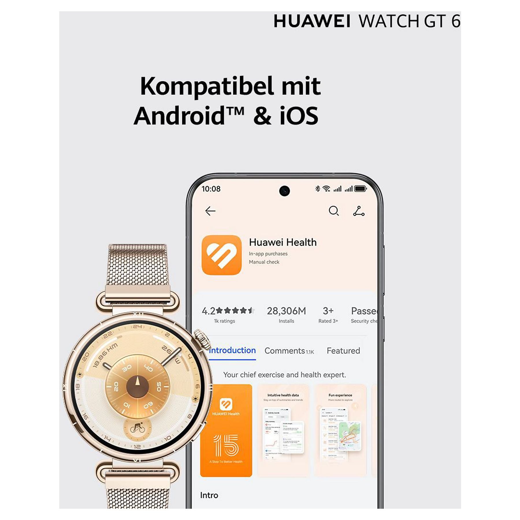 HUAWEI Watch GT6 41 Smartwatch Milanese-Armband, 130-190 mm, Gold HUAWEI