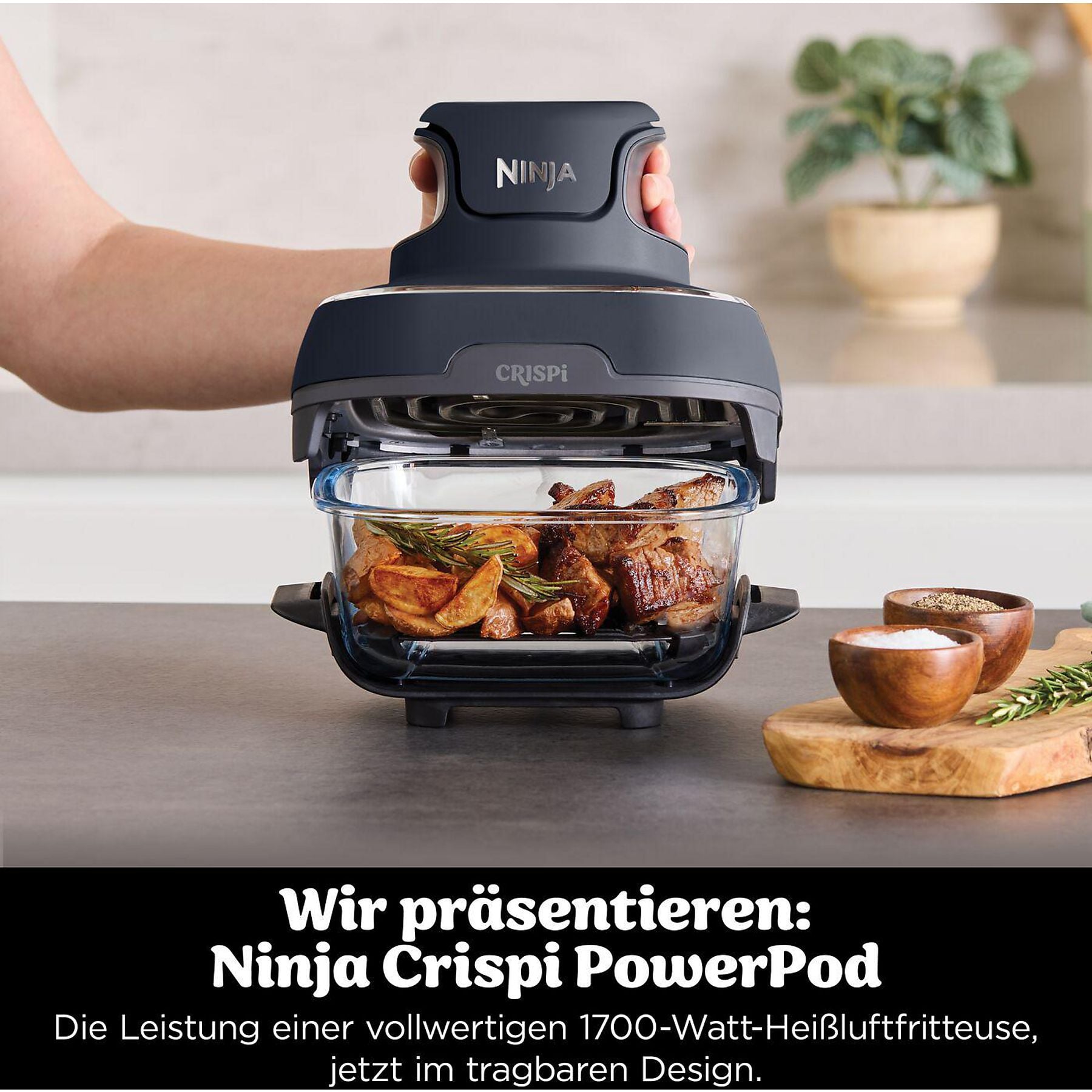 NINJA FN101EUGY CRISPi 4-in-1 Tragbare Glas-Heißluftfritteuse Cyber Space, Heißluftfritteuse NINJA