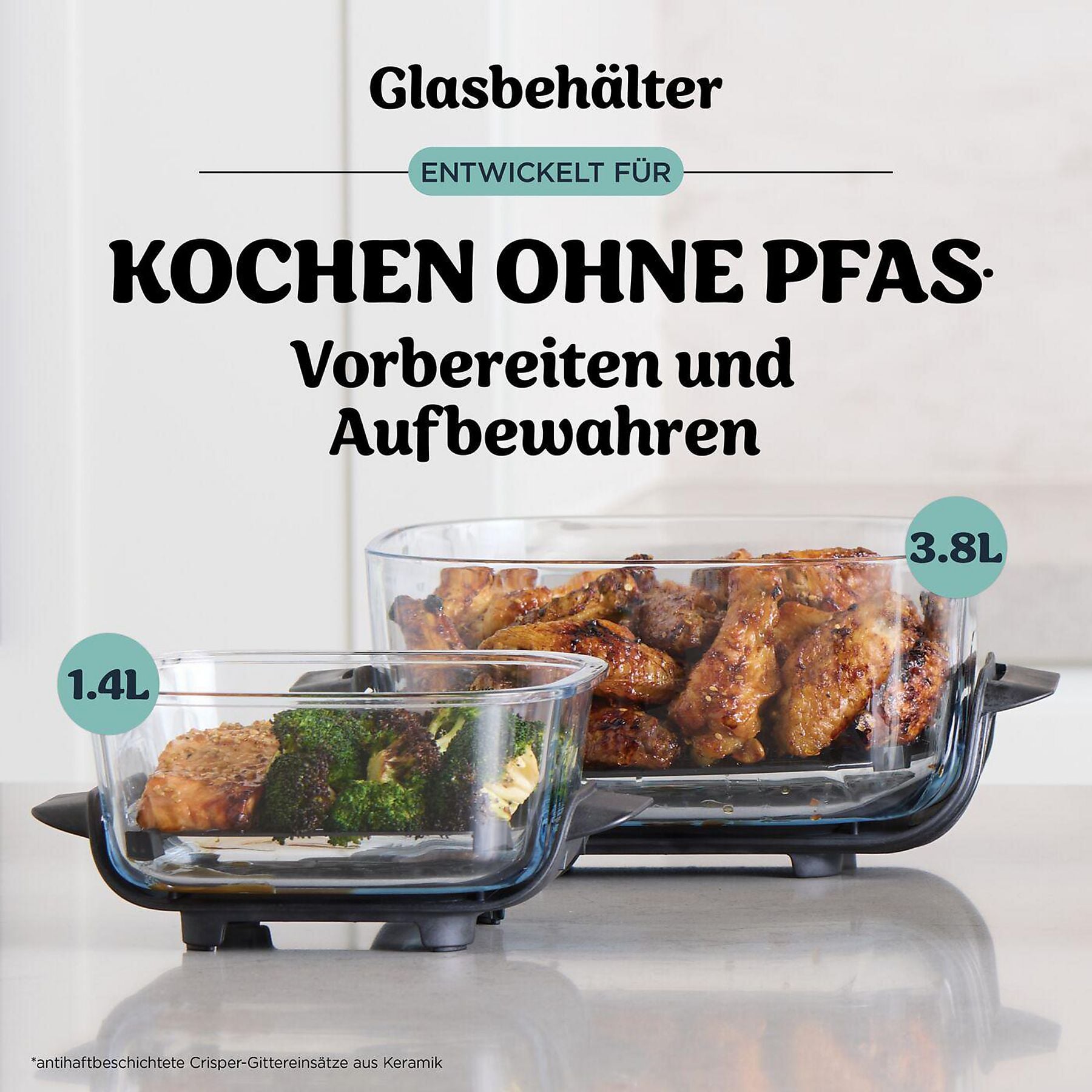 NINJA FN101EUGY CRISPi 4-in-1 Tragbare Glas-Heißluftfritteuse Cyber Space, Heißluftfritteuse NINJA