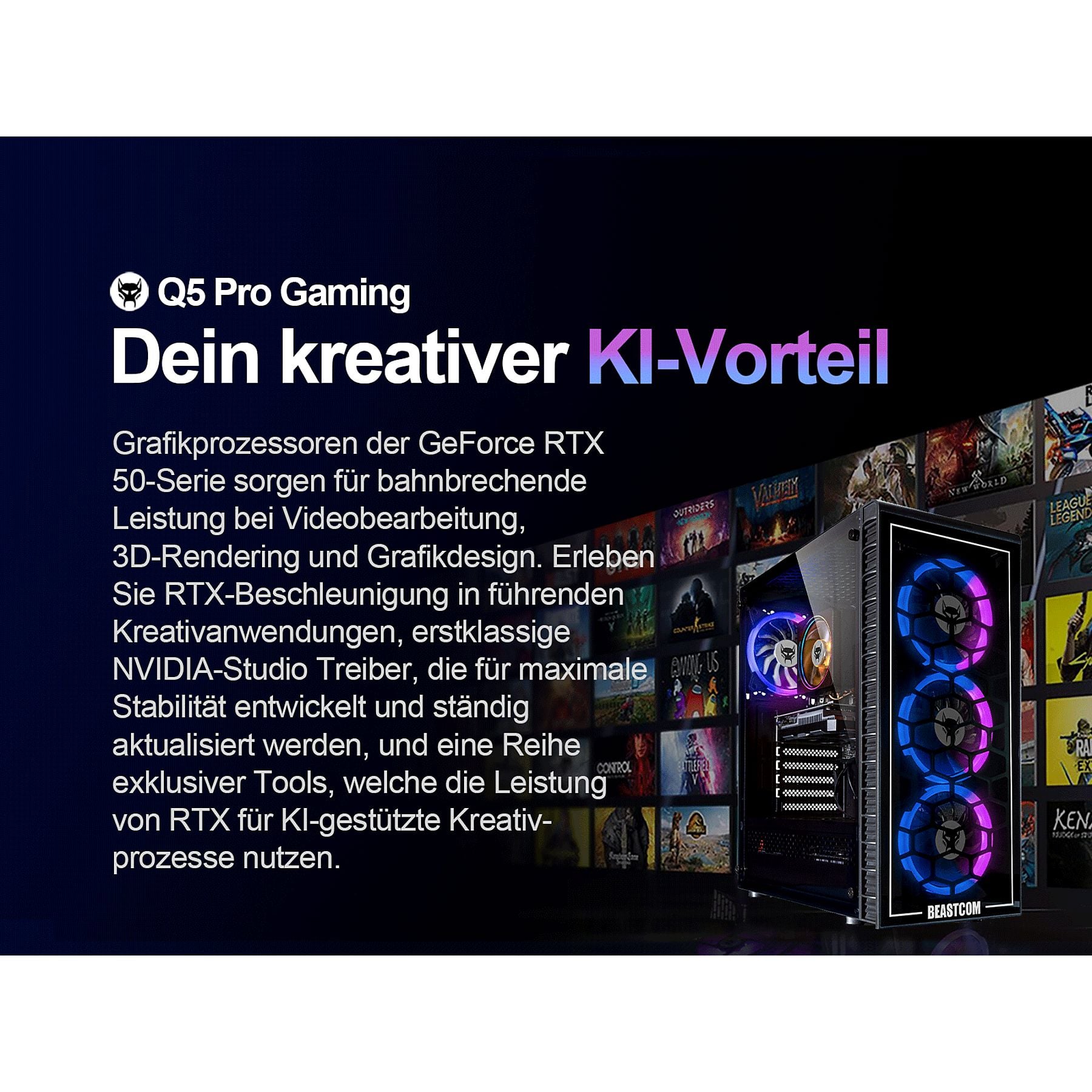 BEASTCOM Q5 | Pro Gaming, Gaming-PC mit AMD Ryzen™ 5, 16 GB RAM, 1 TB SSD, NVIDIA, NVidia GeForce RTX™ 3050, Windows 11 Home BEASTCOM