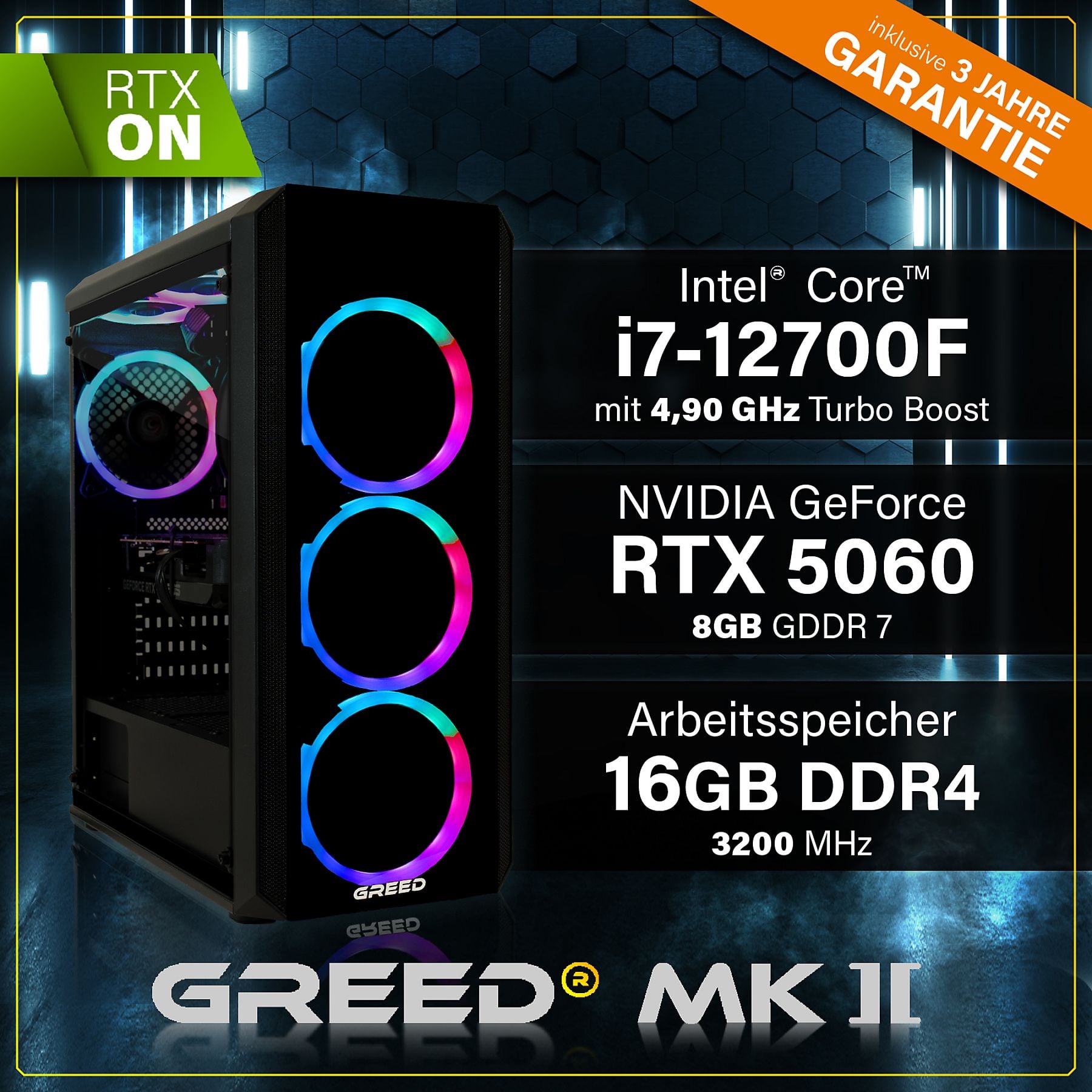 GREED MK2 Intel - Mittelklasse - Gaming Pc, Gaming PC mit Intel® Core™ i7 12700F Prozessor, 16 GB RAM, 1000 GB SSD, NVIDIA GeForce RTX™ 5060, Windows 11 Pro GREED
